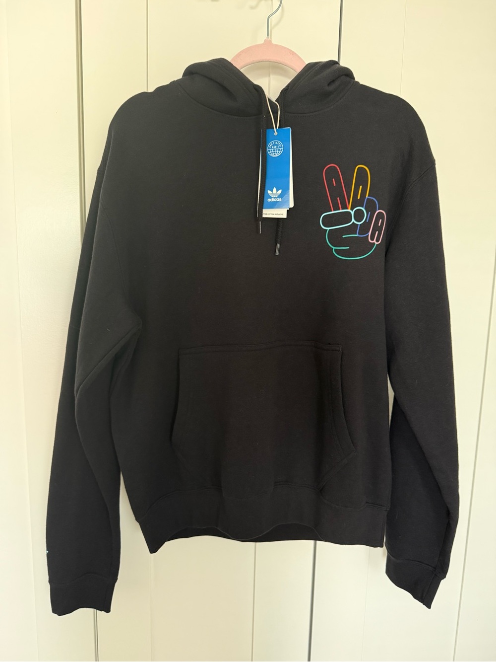 adidas Black Crewneck Hoodie with Multicolor Peace Hand Graphic